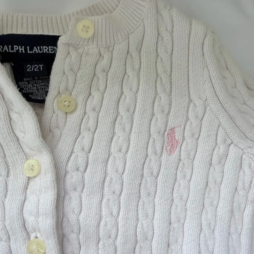 Ralph Lauren Cream Cable-Knit Button Cardigan with Pink Pony